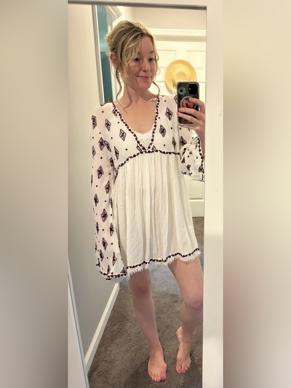 Free People White Embroidered V-Neck Tunic with Brown Motif